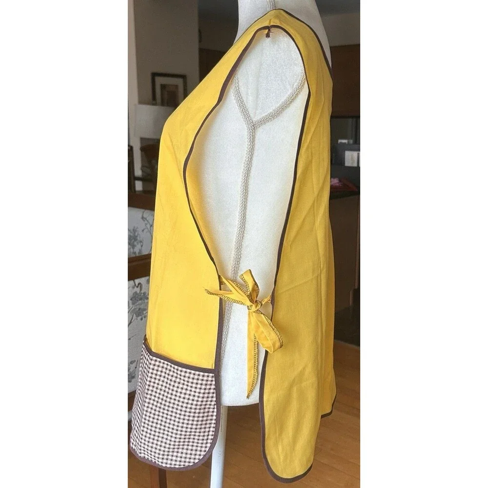Vtg Apron‎ Mustard Yellow & Brown 3 Pockets Homespun 1970 s Cottage Grandma Core